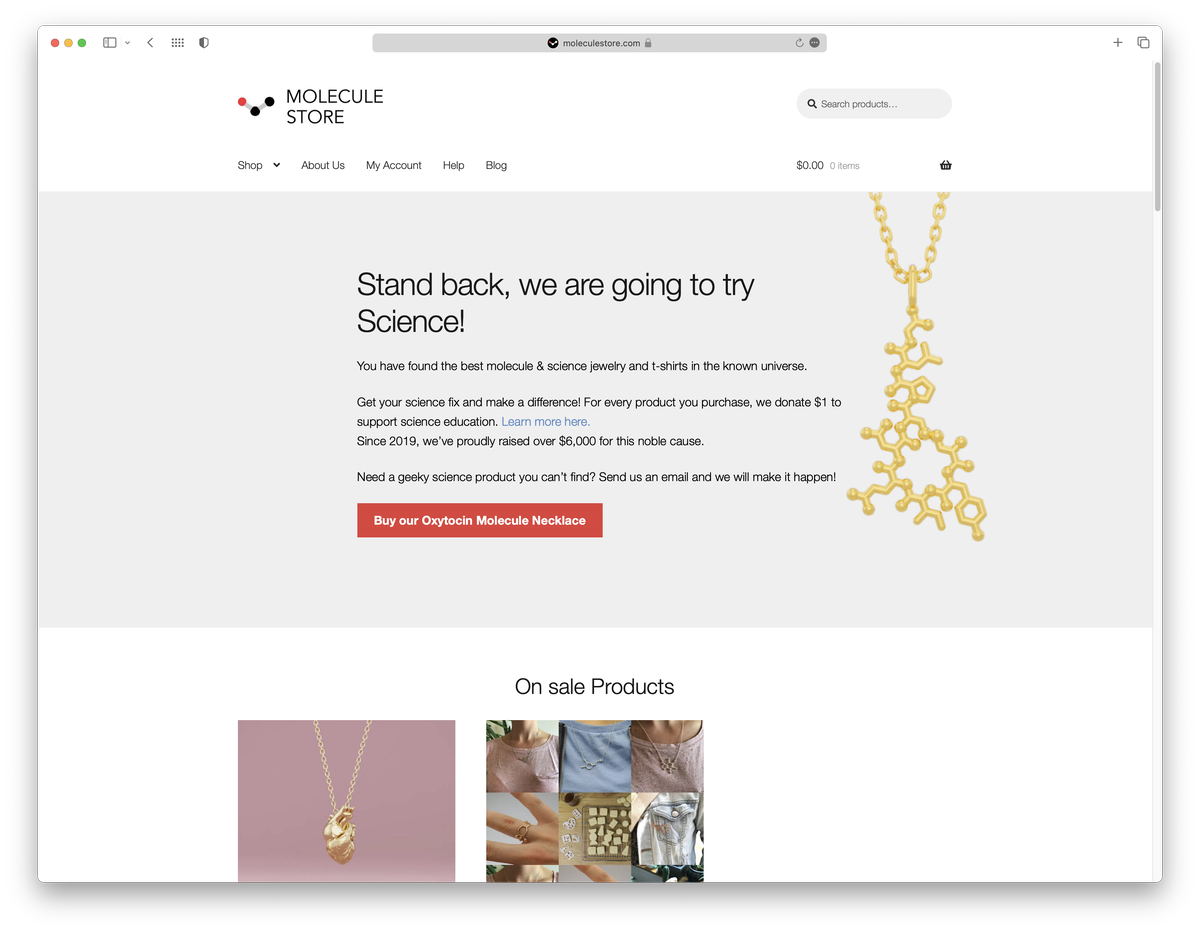 The starting page of Molecule Store with a chemistry necklace